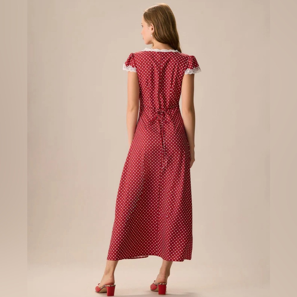 NWT RIHOAS The Red V Neck Polka Dot Lace Ruched Maxi Dress Sz XS - Picture 4 of 5